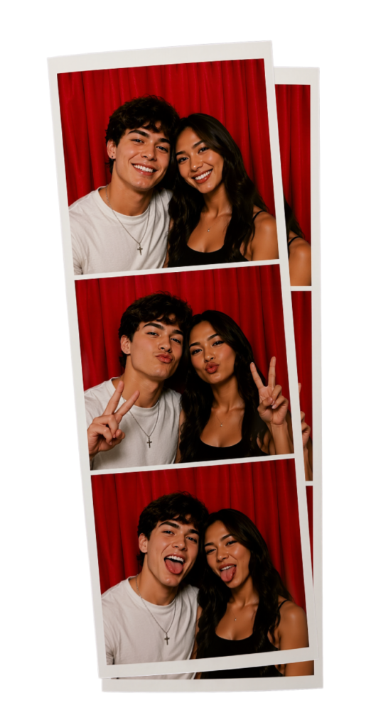 Two photo booth prints of a couple smiling against a red backdrop