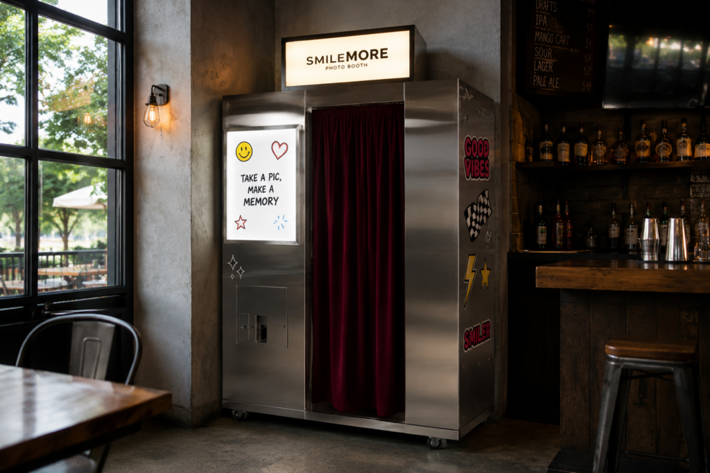 A SmileMore photo booth installed inside a bar, the kind of spot a vintage photo booth in Miami belongs
