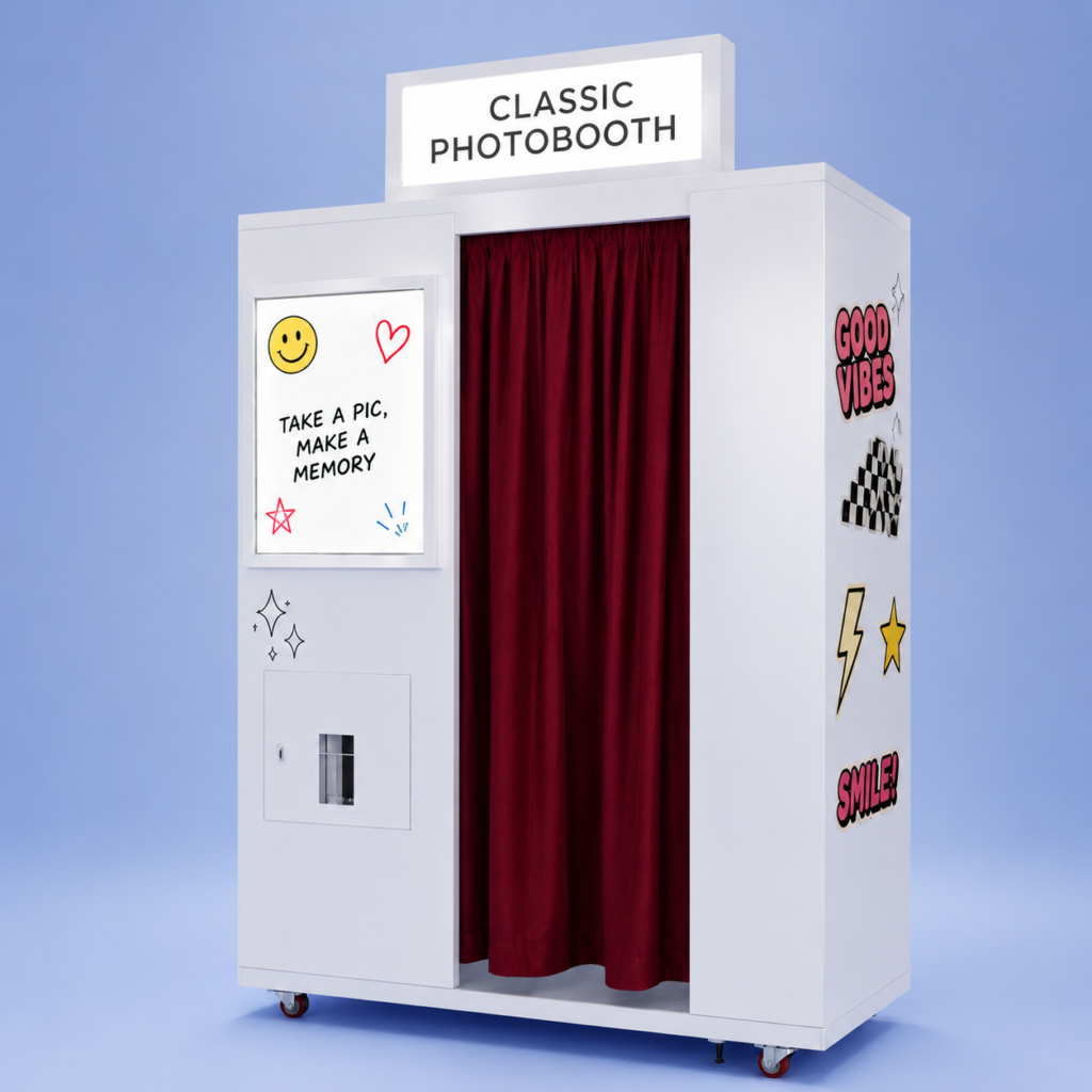 The SmileMore Classic, a white vintage photo booth style cabinet with a red curtain and sticker decals
