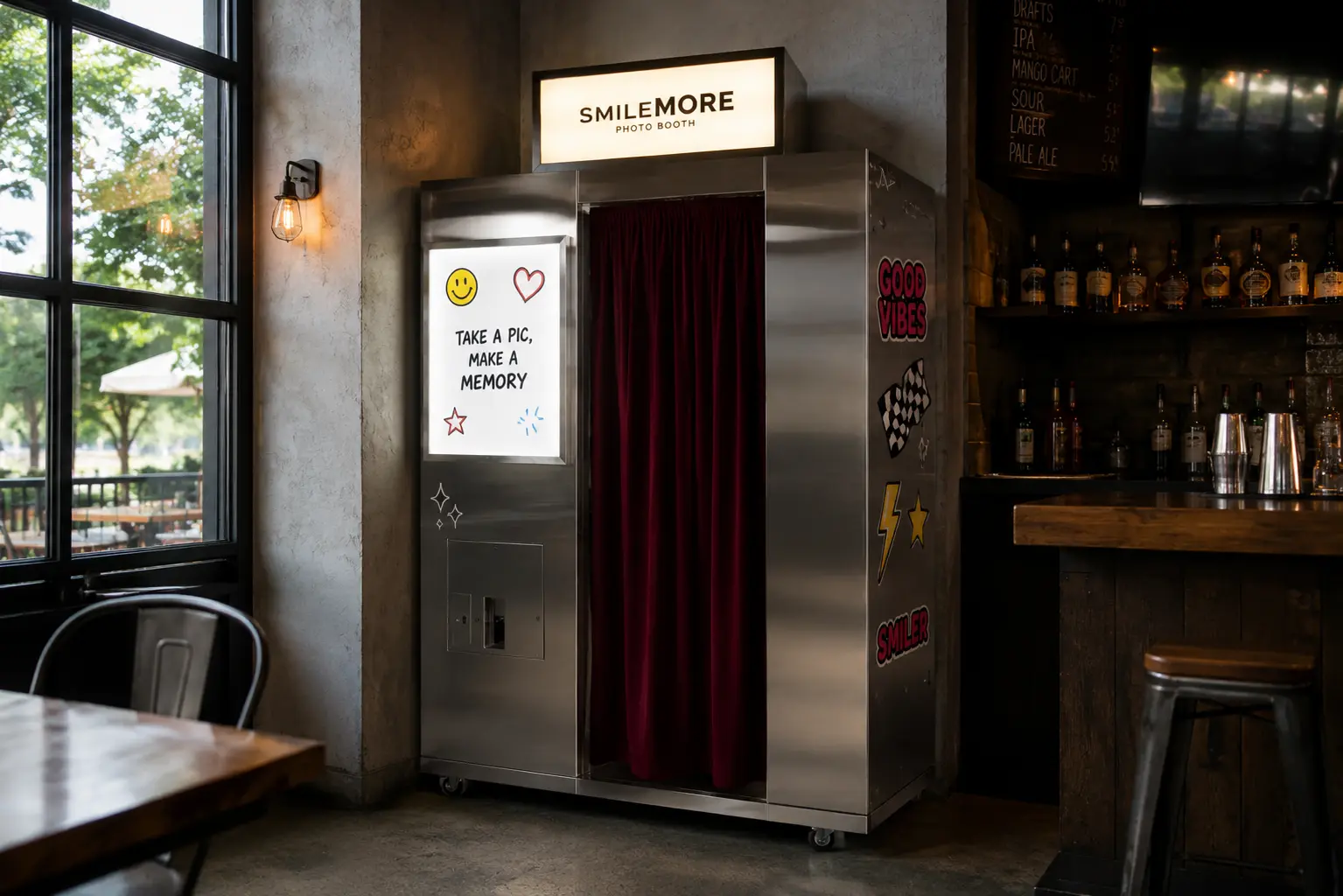 Classic photo booth rental set up in a bar