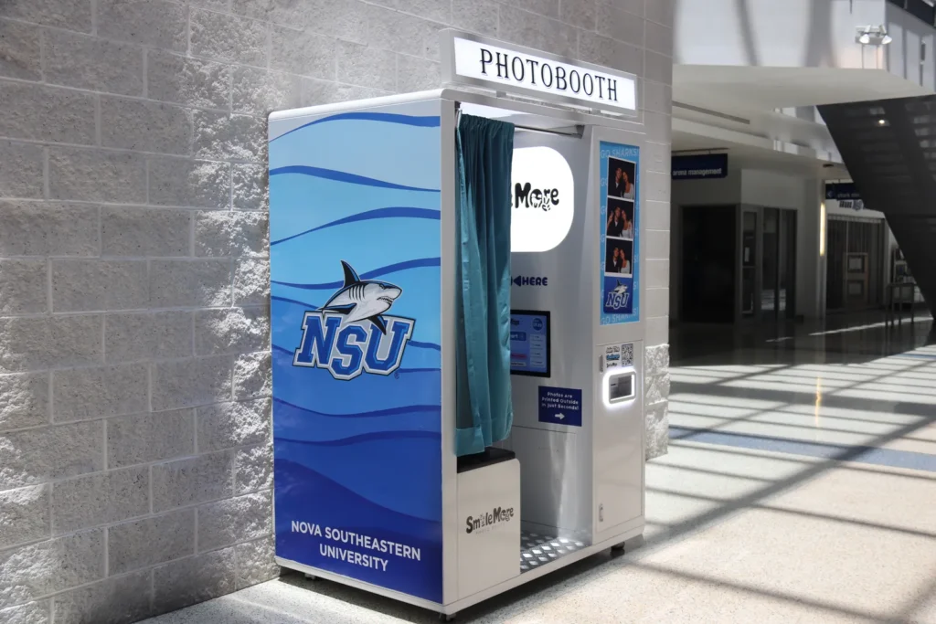Photo booth profit share: the NSU booth in Sharks blue, in the University Center lobby