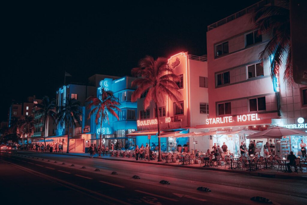 Colorful Art Deco street on Miami Beach where a photo booth vending machine Miami crowds would find