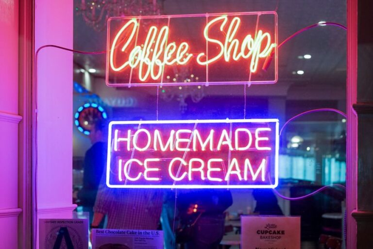 Neon homemade ice cream sign in a dessert shop window