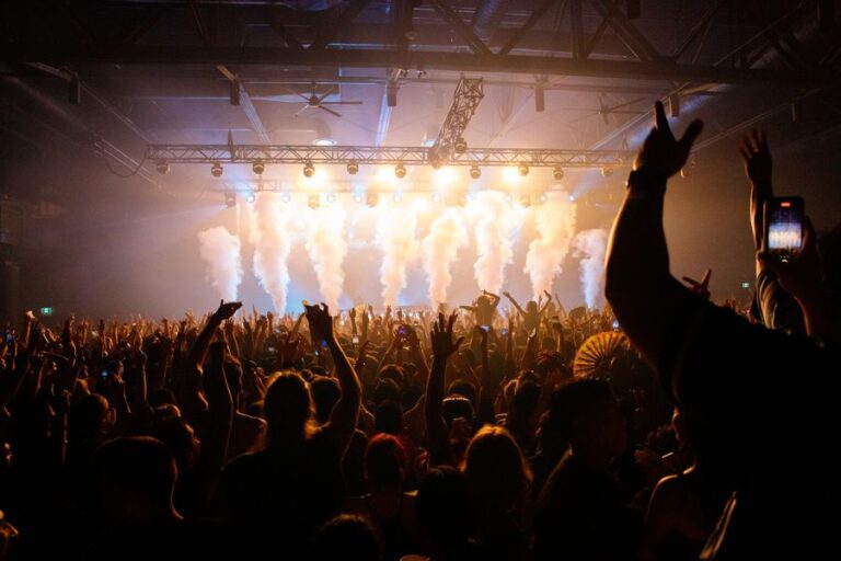 Concert crowd cheering under stage lights