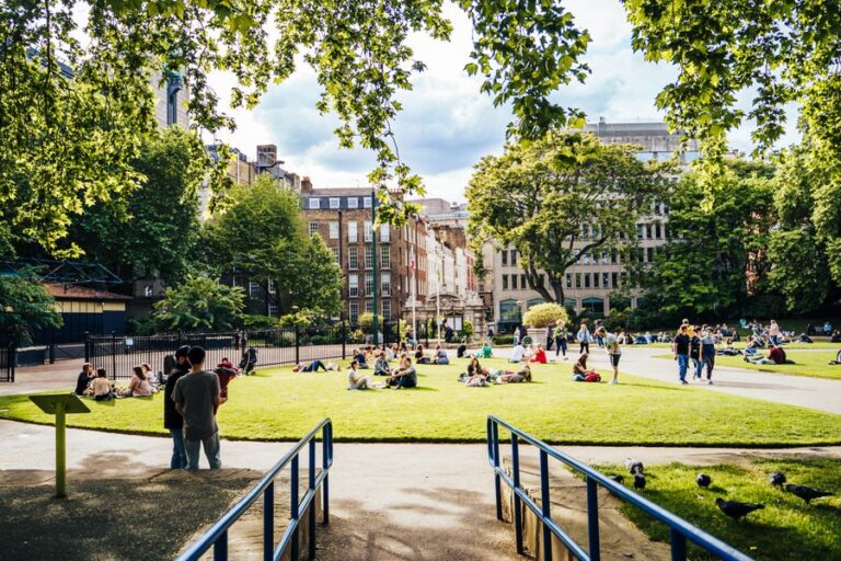 People relaxing on the lawn in a city park